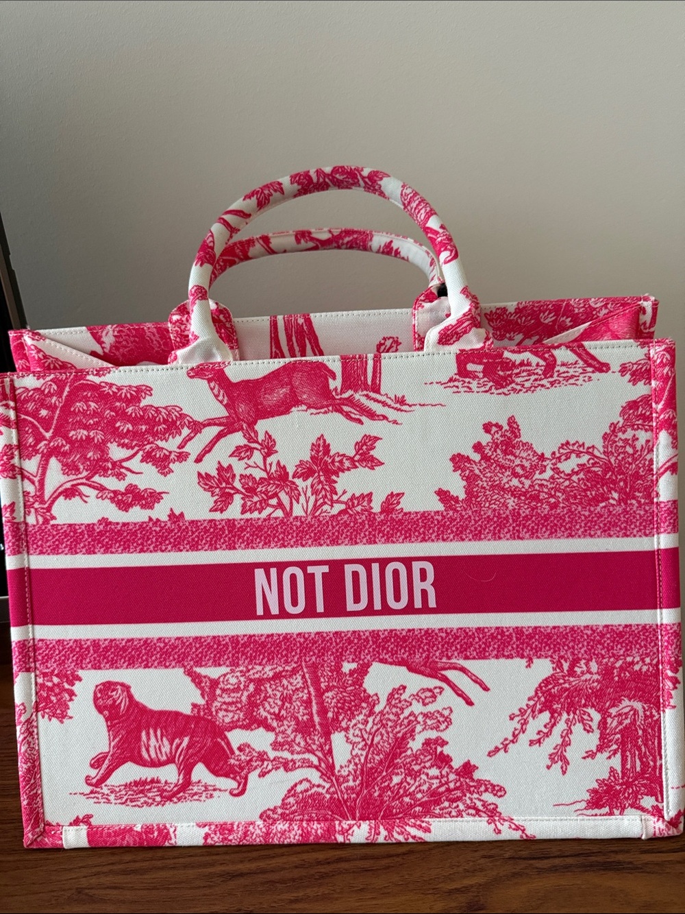 NWOT “NOT DIOR” Canvas Fashion Shoulder Tote Bag in Pink & White.